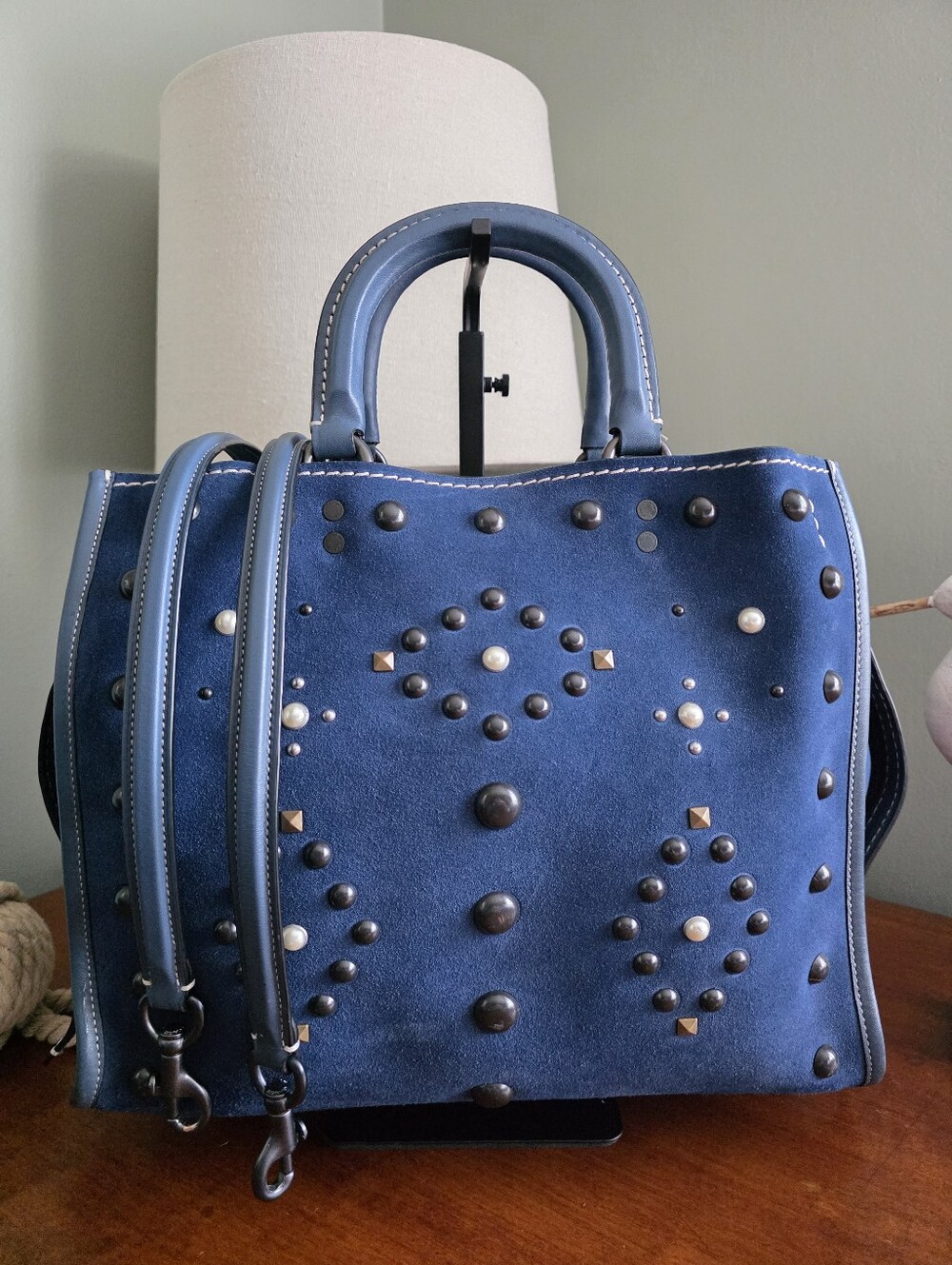 Coach 57163 Rogue 30 Western Rivets Blue Suede Leather Satchel Bag 1941